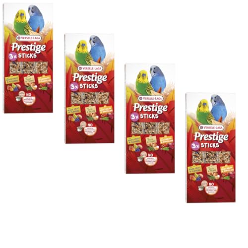 Versele-Laga Prestige Sticks Kleinsittiche Triple Variety | 4er Pack | 4 x 90 g | Knabbersnack für kleine Sittiche | Früchte & Blüten, Gemüse & Löwenzahn sowie Ei & Thymian von Versele-Laga