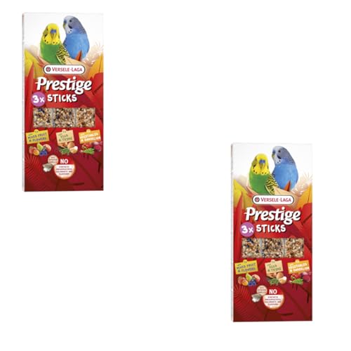 Versele-Laga Prestige Sticks Kleinsittiche Triple Variety | Doppelpack | 2 x 90 g | Knabbersnack für kleine Sittiche | Früchte & Blüten, Gemüse & Löwenzahn sowie Ei & Thymian von Versele-Laga