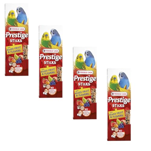 Versele-Laga Prestige Sticks Kleinsittiche gemischte Früchte & Blüten | 4er Pack | 4 x 60 g | Snack für kleine Sittiche | Ohne synthetische Konservierungsmittel und Farbstoffe von Versele-Laga