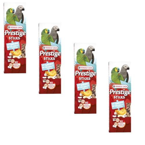 Versele-Laga Prestige Sticks Papageien mit Banane & Kokostopping | 4er Pack | 4 x 140 g | Snack für Papageien | Ohne Zuckerzusatz und ohne synthetische Konservierungsmittel von Versele-Laga