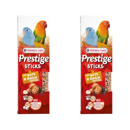 Versele-Laga Prestige Sticks kleine Papageien mit Nüssen & Rosinentopping | Doppelpack | 2 x 60 g | Snack für kleine Papageien & Sittiche | Ohne synthetische Konservierungsmittel von Versele-Laga