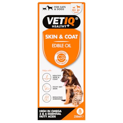 VETIQ Skin & Coat Speiseöl für Katzen & Hunde | Pflegeergänzungsmittel hilft bei gesunder Haut & Fell | juckende trockene Haut & reduziert Haarausfall | 250ml von VetIQ