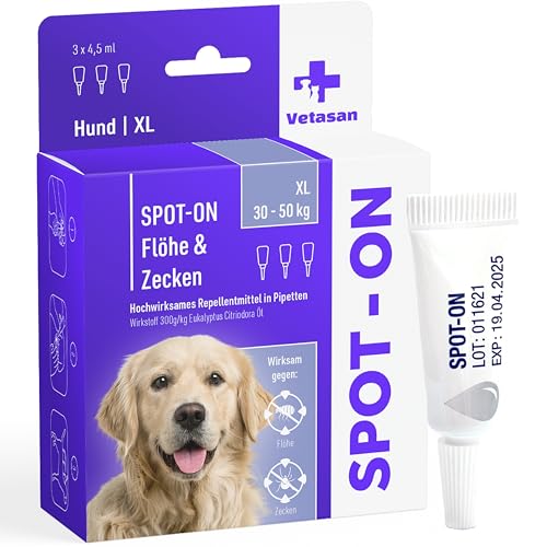 Vetasan Spot-ON für Hunde 30-50kg (XL) | gegen Flöhe & Zecken | 3 Monate Schutz | HOCHWIRKSAM | Zeckenmittel für Hunde Zeckenschutz | Hundeflohmittel von Vetasan