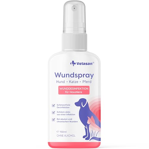 Vetasan Wundspray für Hunde & Katzen 150ml I Wunddesinfektion Katze I Für Haut und Pfoten I OHNE Alkohol & CHLOR I Desinfektionsmittel Tiere von Vetasan