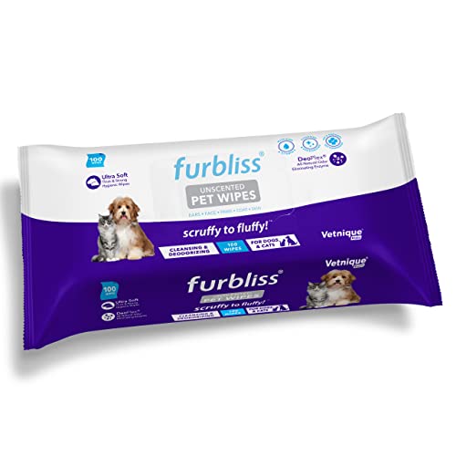 Vetnique Labs Furbliss Hygienische Haustier-Tücher für Hunde und Katzen, Reinigung und Desodorierung hypoallergener Dicker Tücher mit Allen natürlichen Deoplex-Deodorantien (ohne Duft) (100ct Pouch) von Vetnique Labs