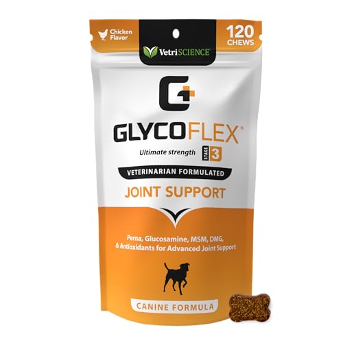 VetriScience Glycoflex 3 Hüft- und Gelenkergänzungsmittel für Hunde – Maximale Stärke Hundeergänzung mit Glucosamin, MSM, Grünlippmuschel & DMG – 120 Kauartikel, Hühnergeschmack von Vetri-Science Laboratories