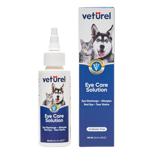 Veturel Augenpflege-Lösung für Katzen und Hunde | 100 ml Beruhigt Augeninfektionsallergie, lindert trockene Augen, rosa Augen, Tränenfleckenentferner Tropfen für Hunde | Kätzchen- und Welpenpflege von Veturel