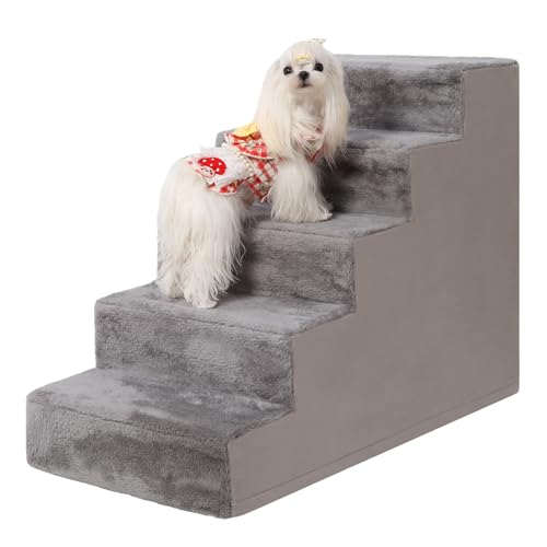 Vfrog Hundetreppe für kleine Hunde, 57 cm, 5-stufige Haustiertreppe für hohe Betten und Sofas, Hundetreppe mit rutschfester Unterseite und hochdichtem Schaumstoff, für drinnen und draußen, Grau von Vfrog