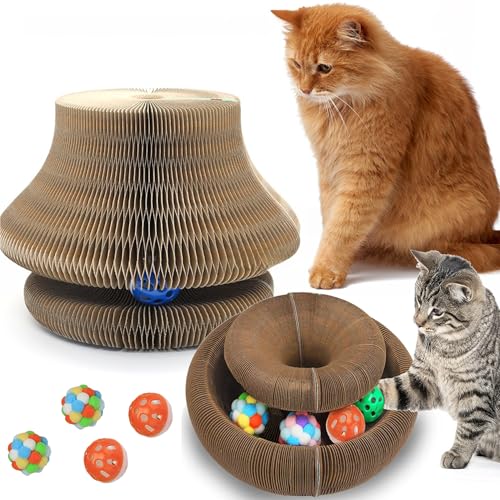 Kitty Kurlz Katzenspielzeug - Faltbares Kratzbrett mit 4 Bällen, Langlebiger interaktiver Kratzbaum für Indoor-Katzen (A+B) von Vgpbphj