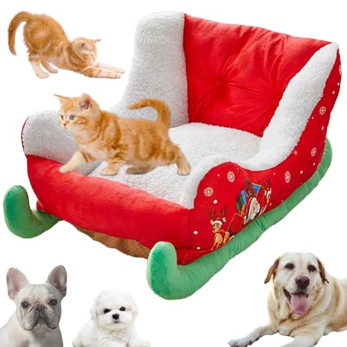 Vgpbphj Weihnachtsschlitten Hundebett, Festliches Plüsch-Weihnachtsmann-Schlitten, Weihnachts-Hundebett, Urlaubsmotiv, Haustierbett für drinnen und draußen, Katze & Hund, waschbar und sehr langlebig von Vgpbphj