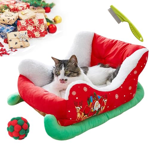 Weihnachts-Schlitten-Hundebett, 2025 Upgrade, Katzen-Schlittenbett, interessantes rotes Weihnachts-Katzen-Hundebett, festliches Plüsch, gemütlich, warm, waschbar und sehr langlebig, geeignet für von Vgpbphj