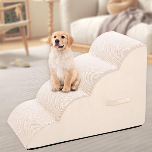 Vhaso 3 Stufen graue Treppe für Hund (beige - 4 Stufen) mit schaumstoffgefüllter und stoffbezogener Hundetreppe, spezielles geneigtes Design, ideal für kleine bis mittelgroße Haustiere von Vhaso