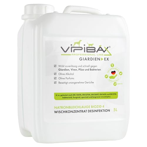 ViPiBaX Giardien Ex Professional Line Wischkonzentrat Natronbleichlauge Biozid 4 - Desinfektionsmittel gegen Giardien, Bakterien, Pilze und Viren im Umfeld von Hunden, Katzen und anderen Tieren 5000ml von ViPiBaX viren pilze bakterien ex