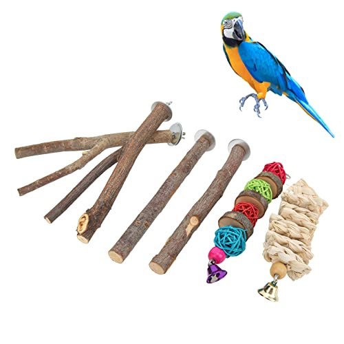 ViaGasaFamido Vogel-Barsch-Ständer-Set, Holz-Zweig-Plattform Vogelsittich-Ständer-Spielzeug für Pfotenschleifstock-Spielzeug[6-teiliges Set] Schaukeln von ViaGasaFamido