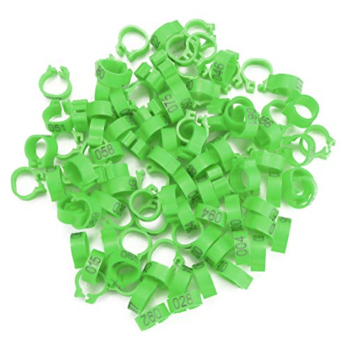 ViaGasaFamido Vogelbeinbänder Ringe, 100PCS/Beutel 8MM Plastikbuchstabentaube Vogelbeinbänder Ringe 001-100 Nummerierte Geflügelbeinbänder Robuster Clip-On-Ring für Bird Chicks Ducks Chicken(Grün) von ViaGasaFamido