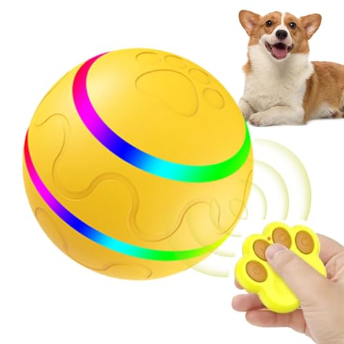 Automatisch rollender Ball für Hunde – beweglicher Ball für Hunde, Silikon-Hunderollball mit LED-Licht, Fernbedienung, Bewegungssensor, interaktives, wasserdichtes Haustierballspielzeug für den Umgang von Vibhgtf