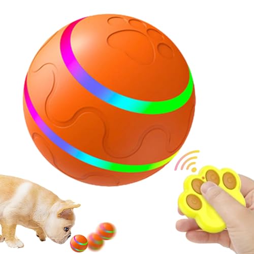 Automatisch rollender Ball für Hunde – beweglicher Ball für Hunde, Silikon-Hunderollball mit LED-Licht, Fernbedienung, Bewegungssensor, interaktives, wasserdichtes Haustierballspielzeug für den Umgang von Vibhgtf