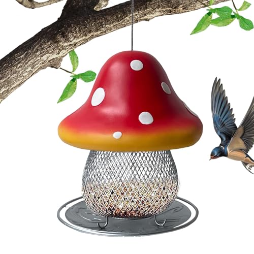 Solar-Vogelfutterspender für den Außenbereich – Red Mushroom Solar-Vogelfutterspender | Futterspender für Wildvögel aus Metall mit 1,5 kg Fassungsvermögen für die Dekoration auf dem Balkon und im Frei von Vibhgtf