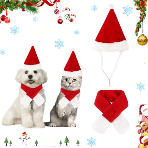 2 Stück Haustier Weihnachtskostüme Set, Katzenkostüm Weihnachten, Kleidung Weihnachtsmütze und Schal für Klein Hund Katze, Plüsch Haustier Weihnachtsmütze Verstellbare für Kleine Mittlere Haustiere von VicBou