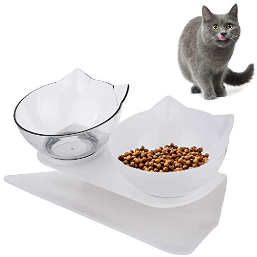 Doppelter Futternapf, VieVogue Futternäpfe Katzenfutter Fressnäpfe für Katzen 15 °Geneigt Doppelt Futternapf Haustier Essen Wasser Schüsseln(White+Clear Bowls) von VieVogue