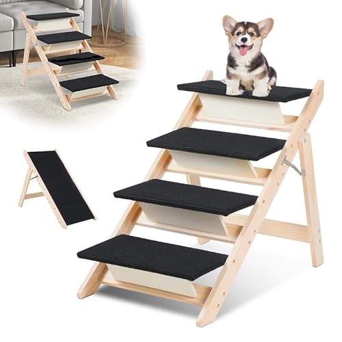 Vigevee Hundetreppe 2 in 1 Hunderampe, Klappbare Haustiertreppe 65,5cm Hoch, 4-Stufig Faltbare Katzentreppe, Maximale Belastung 80kg, Tiertreppe mit Rutschfester Trittmatte für Hunde und Katzen von Vigevee