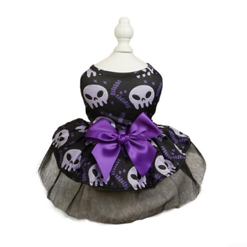 Vilgftyiet Halloween-Hundekostüm, Welpenkleid mit Schleife, Party-Outfit, Tüllkleid, Fledermaus-Kürbis-Design für kleine und große Hunde, Haustierkostüm, Halloween, Weihnachten (Lila) von Vilgftyiet