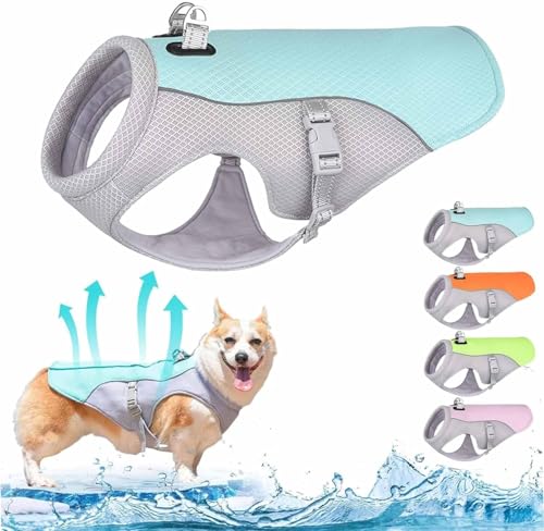 Kühlweste for Hunde, Sommerkühlweste for kleine und mittelgroße Hunde, reflektierende, atmungsaktive Netzgeschirr-Kühljacke for Outdoor-Aktivitäten, Wandern, Training(Blue,L) von Vimlo