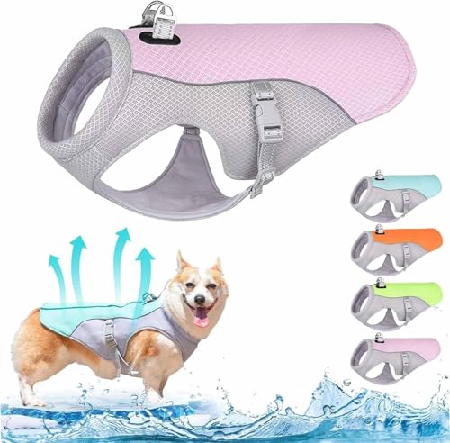 Kühlweste for Hunde, Sommerkühlweste for kleine und mittelgroße Hunde, reflektierende, atmungsaktive Netzgeschirr-Kühljacke for Outdoor-Aktivitäten, Wandern, Training(Pink,L) von Vimlo