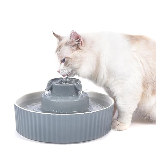VinDox Keramik Katzenbrunnen 2,1L Trinkbrunnen für Katze und Hund, Katzenbrunnen Porzellan, Katzen Wasserspender mit Ersatzfilter und Schaumstoff Intelligente Pumpe (Grau) von VinDox