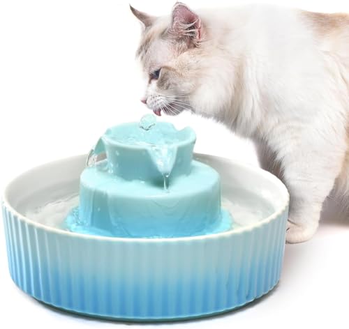 VinDox Keramik Katzenbrunnen 2,1L Trinkbrunnen für Katze und Hund, Katzenbrunnen Porzellan, Katzen Wasserspender mit Ersatzfilter und Schaumstoff Intelligente Pumpe (blau) von VinDox