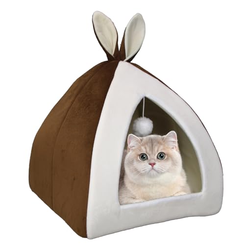 Vinnypet Katzenhöhle Katzenbett mit Waschbares Bequemem Kissenkissen Flanell-Katzenzelt mit lustigen Katzenbällen Faltbares Katzenhau 32x32x36cm von Vinnypet