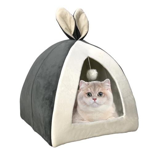 Vinnypet Katzenhöhle Katzenbett mit Waschbares Bequemem Kissenkissen Flanell-Katzenzelt mit lustigen Katzenbällen Faltbares Katzenhau 32x32x36cm von Vinnypet