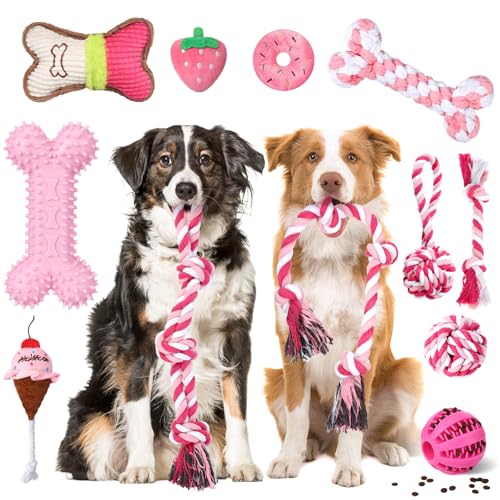 Vinsot Kauspielzeug für große Hunde für aggressive Kauer, rosa große Hunde mit Zahnseilspielzeug, Quietschspielzeug, Leckerli-Bälle und Kauknochen für mittelgroße und große Hunde, 12 Stück von Vinsot