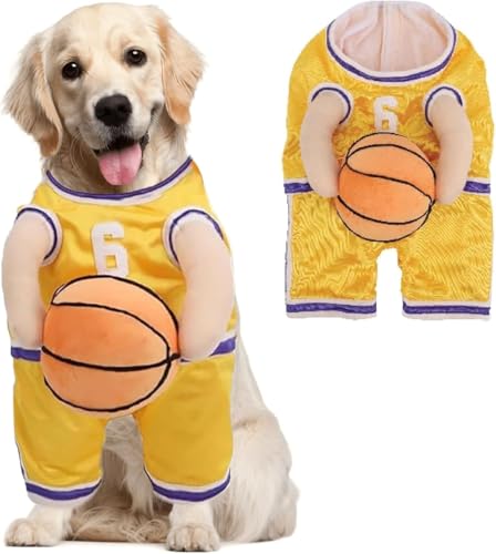 Dog Basketball Costume with Ball,Dog Basketball Halloween Player Costume,Funny Dress Up Sports Outfit Cosplay Clothes,Dog Basketball Costume Holding Ball,Adjustable Straps (Yellow, L) von Vinxan