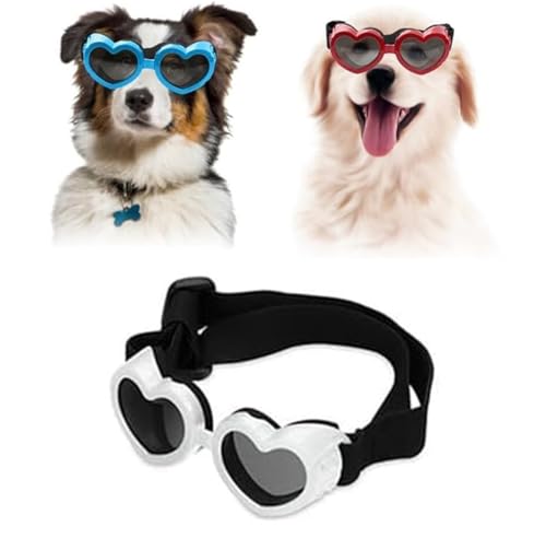 Hundebrille in Herzform, windabweisend, Anti-Beschlag-Sonnenbrille für kleine Hunde mit verstellbarem Riemen, stilvoll, niedlich, UV-Schutz, Sonnenbrille für Outdoor-Reiten und Spazierengehen, Weiß von Vinxan