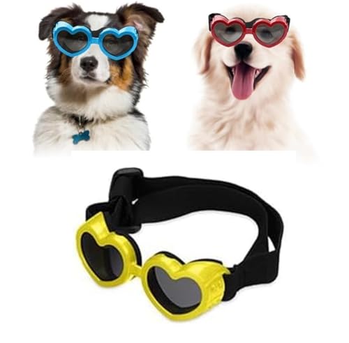 Hundebrille in Herzform, windabweisend, Anti-Beschlag-Sonnenbrille für kleine Hunde mit verstellbarem Riemen, stilvoll, niedlich, UV-Schutz, Sonnenbrille für Outdoor-Reiten und Spazierengehen, Gelb von Vinxan