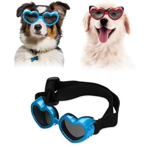 Hundebrille in Herzform, windabweisend, Anti-Beschlag-Sonnenbrille für kleine Hunde mit verstellbarem Riemen, stilvoll, niedlich, UV-Schutz, für Outdoor-Reiten und Spazierengehen, Blau von Vinxan