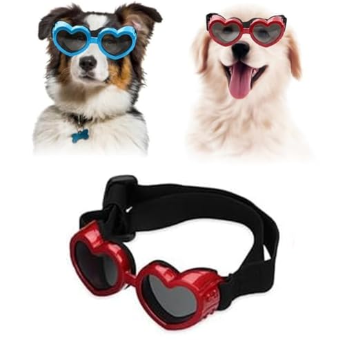 Hundebrille in Herzform, windabweisend, Anti-Beschlag-Sonnenbrille für kleine Hunde mit verstellbarem Riemen, stilvoll, niedlich, UV-Schutz, für Outdoor-Reiten und Spazierengehen, Rot von Vinxan