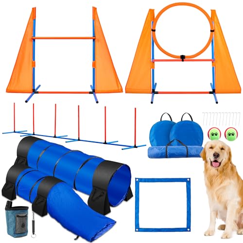 Dog Agility Course Backyard Set, Portable Agility Training Equipment for Dogs - 2 Tunnel with Sandbags, 2 Jumps, 6 Weave Poles, Pause Box & More, Dog Hindernis Course Kit for Indoor and Outdoor von Violeza