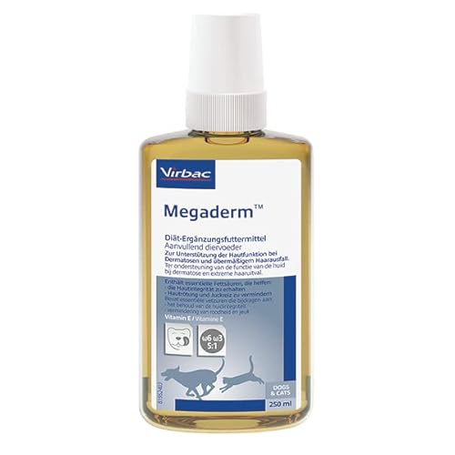 Virbac Megaderm | 250 ml | Diätergänzungfuttermittel für Hunde und Katzen | Kann die Hautfunktion bei Dermatose und übermäßigem Haarausfall unterstützen | Enthält Vitamin E von Virbac