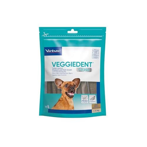 Virbac VeggieDent 15 Streifen XS < 5 kg | 120 g | Kaustreifen für kleine Hunde bis 5 kg | Vegetarischer Kausnack zur Kontrolle von Zahnbelag und Plaque | Ein Kaustreifen pro Tag von Virbac