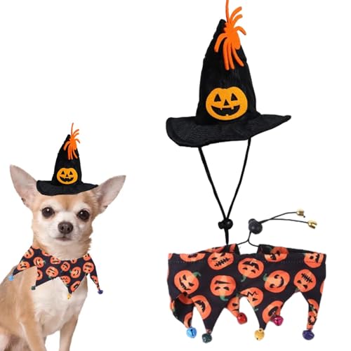 Visiblurry Hund Hexenhut - Halloween-Hut-Schal-Set mit Kürbis-Spinnen-Glocken-Design - Verstellbares, bequemes Haustierkostü für Katzen und Hunde, Halloween-Partygeschenke von Visiblurry