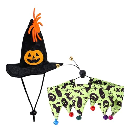 Visiblurry Hundehexenkostüm,Hundeschal mit Glöckchen, Katzenmütze mit Kürbismuster und Spinnendekor | Verstellbares, bequemes Haustierkostü für Katzen und Hunde, Halloween-Partygeschenke von Visiblurry