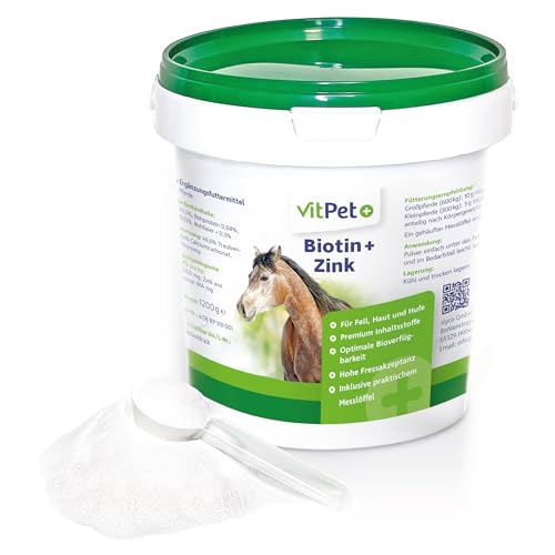 VitPet+ Biotin Plus Zink – Premium Ergänzungsfuttermittel mit hochdosiertem Zink und Biotin Pferd – 1,2 kg – Zur Unterstützung von Haut, Fell und Hufe – Bei Mauke und Ekzemen – Inkl. Dosierlöffel von VitPet+