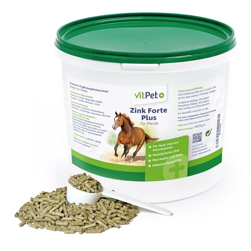 VitPet+ Zink Forte Plus - Premium Zink Pellets für Pferde - 1,8 kg - Hochdosiertes Zink Pferd - Plus Kupfer und Selen - Für Haut, Fell und Immunsystem - Inkl. Dosierlöffel von VitPet+