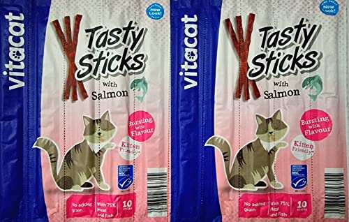 20 weiche Kau-Fleischstäbchen für Kätzchen und Katzen (ab 3 Monaten), mit Lachs (ohne Zusatz von Getreide, künstlichen Farben oder Aromen) von Vitacat