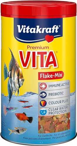 Vitakraft Flake-Mix, Fischfutter Aquarium, mit Garnelen und Spirulina, für alle Zierfische (1x 1l) von Vitakraft