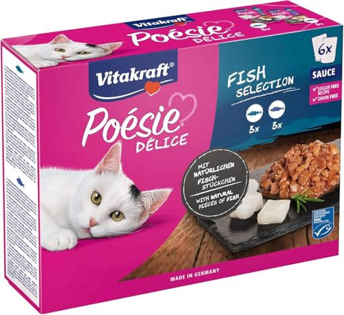 Vitakraft Poésie Délice, Fish Selection, Nassfutter für Katzen, in Sauce, mit Fisch, für ausgewachsene Katzen, ohne Zusatz von Zucker und Getreide (1 Paket mit 6x 85g) von Vitakraft