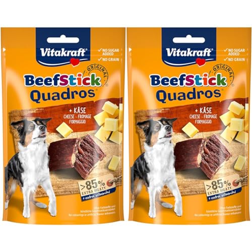 Vitakraft Beef Stick Quadros, Hundeleckerlie, extra fleischig, mit Käse, zum Belohnen und Verwöhnen (1x 70g) (Packung mit 2) von Vitakraft