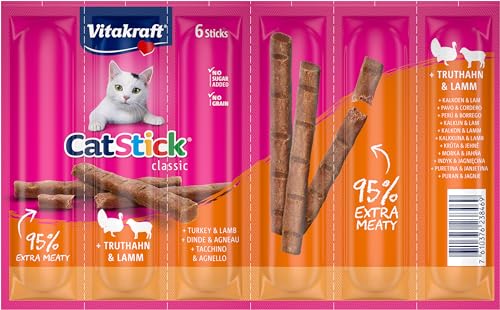 Vitakraft Cat Stick Classic, Katzensnack, fleischige Mini-Sticks, mit Truthahn und Lamm, ohne Zuckerzusatz (1x 6 Stück) von Vitakraft